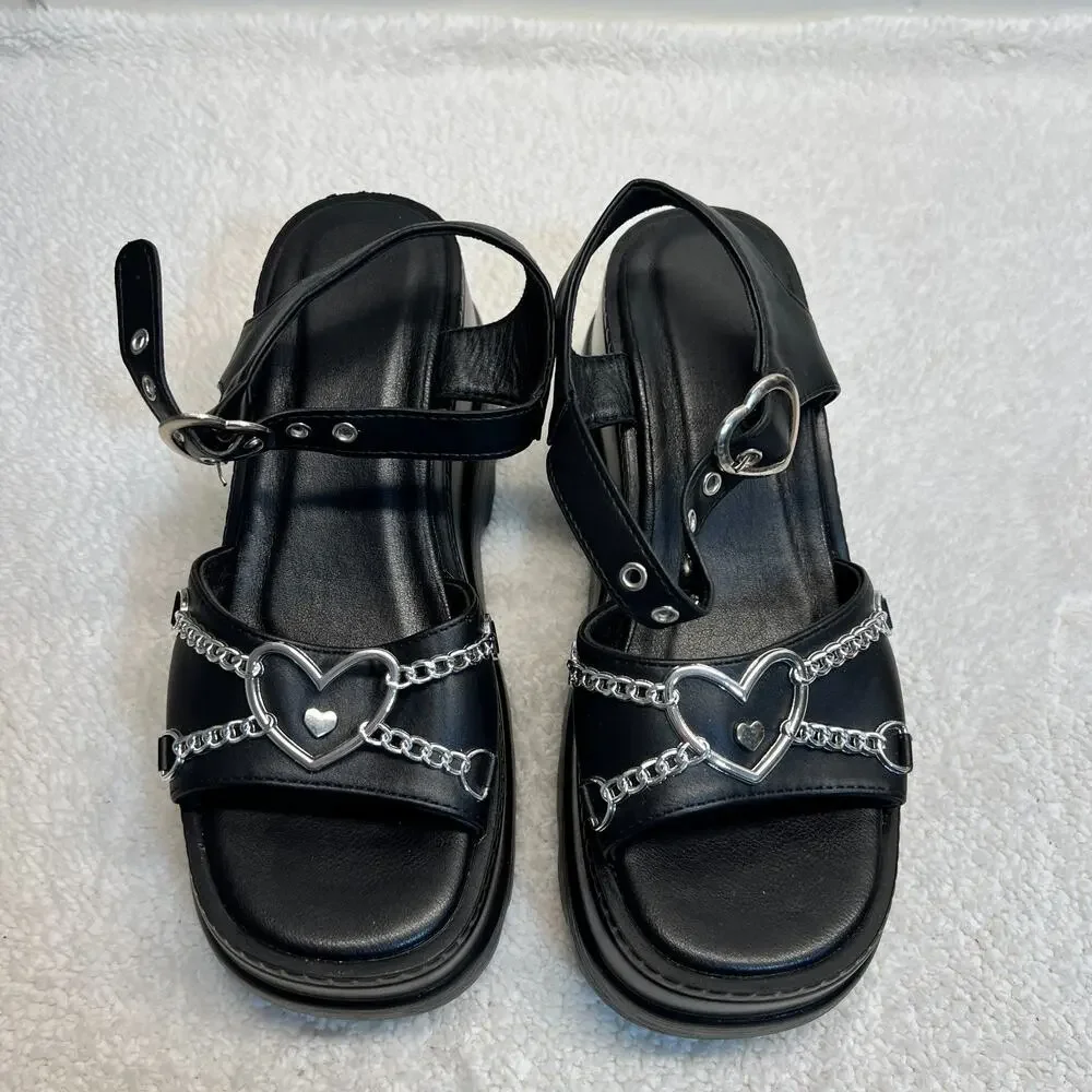 Womens Gothic Sandal Wedges Heart Chain Alternative Shoes Size 10